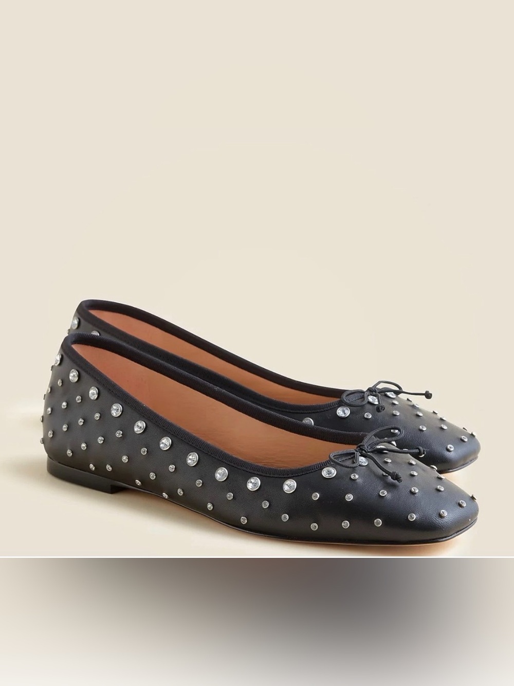J. Crew Quinn Square Toe Ballet Flats Black Studded Crystals Leather Sz. 8 CP075